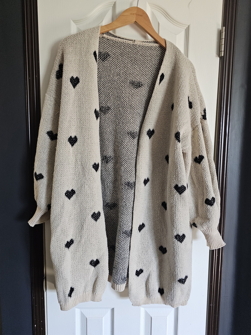 Cream Heart Pattern Open-Front Women's Cardigan Sweater